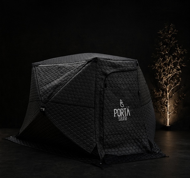 PortaSauna Kabin tent sauna set up at dusk, ready for a private session in Jersey.